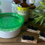 Image of 3 homemade car air fresheners sitting on a wooden table with a plant next to them